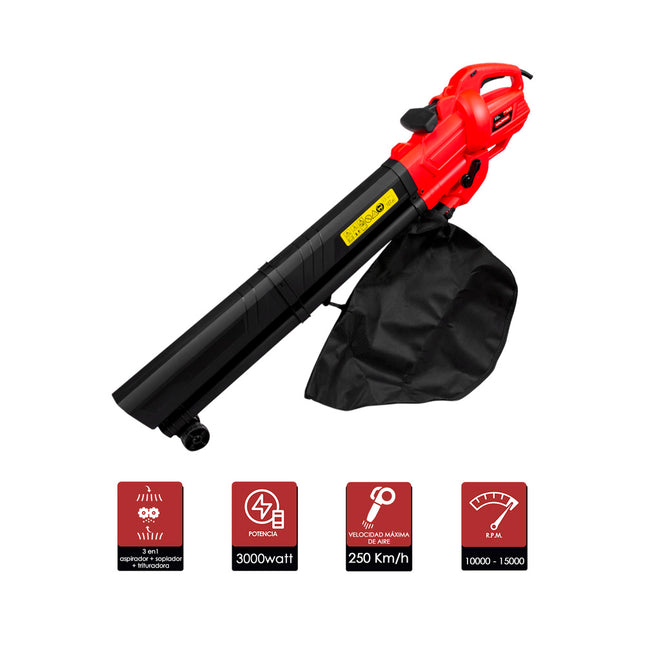 Aspirador soplador electrico de hojas jardín 3.000 watt. velocidad aire: 250 km/h. aspirador / soplador / triturador des hojas