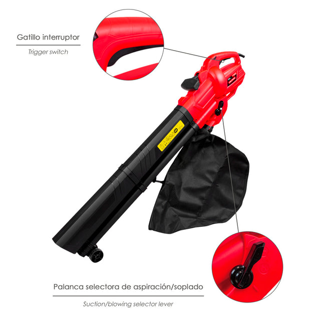 Aspirador soplador electrico de hojas jardín 3.000 watt. velocidad aire: 250 km/h. aspirador / soplador / triturador des hojas