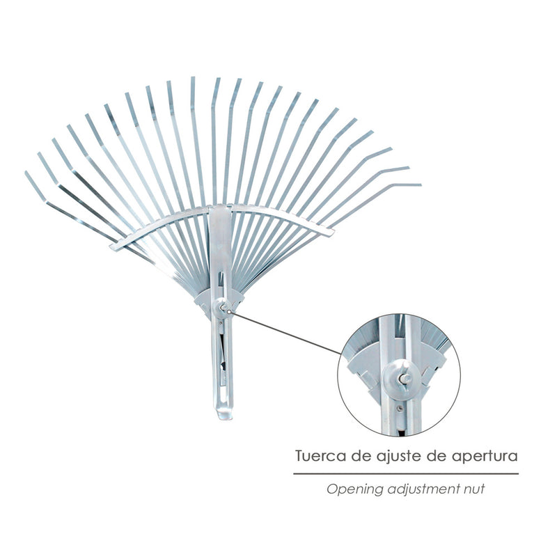 Rastrillo metálico para jardín ancho regulable 31,5 a 43,5 cm. rastrillo hojas, cepillo jardín, escoba metalica, escoba jardín
