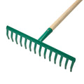 Ancinho de jardim com 14 dentes e cabo de madeira de 130 cm.