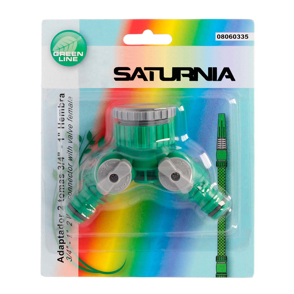 Adaptador de mangueira de plástico de 3/4" para 1" fêmea com 2 casquilhos embalados individualmente em blister.