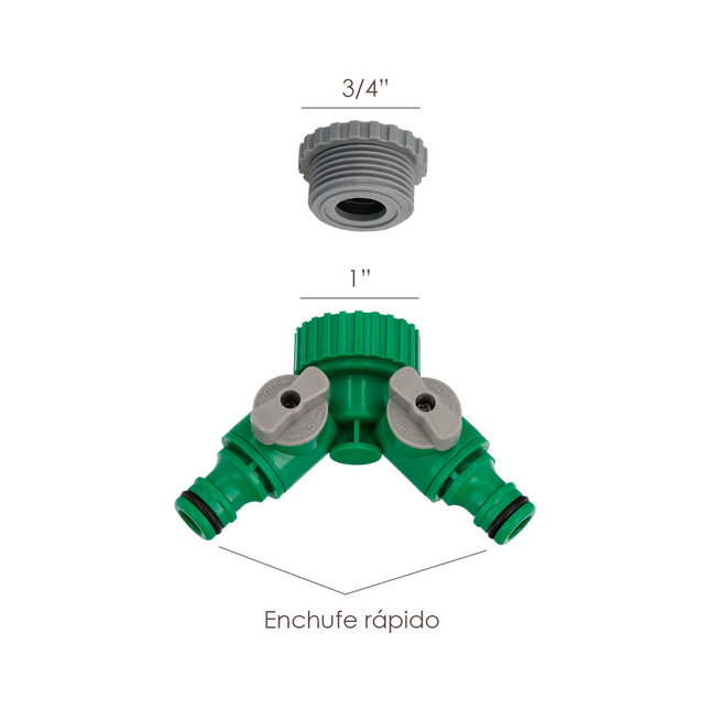 Adaptador manguera plástico 3/4 - 1" hembra  con 2 tomas blíster