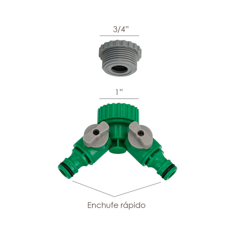 Adaptador manguera plástico 3/4 - 1" hembra  con 2 tomas blíster