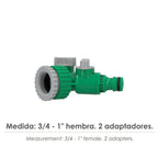 Adaptador de mangueira de plástico de 3/4" para 1" fêmea com 2 casquilhos embalados individualmente em blister.