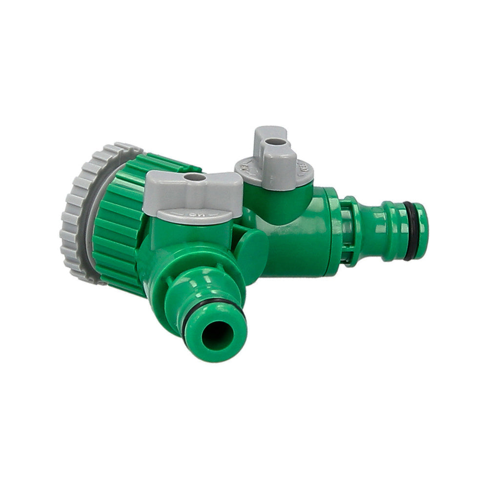 3/4 - 1" female plastic hose adapter with 2 outlets blister