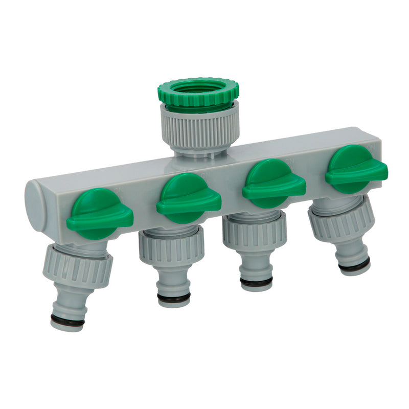 Adaptador manguera plástico 3/4" - 1"  4 vias, distribuidor 4 vias, divisor manguera, ajuste independiente, tomas 1/2+adaptador