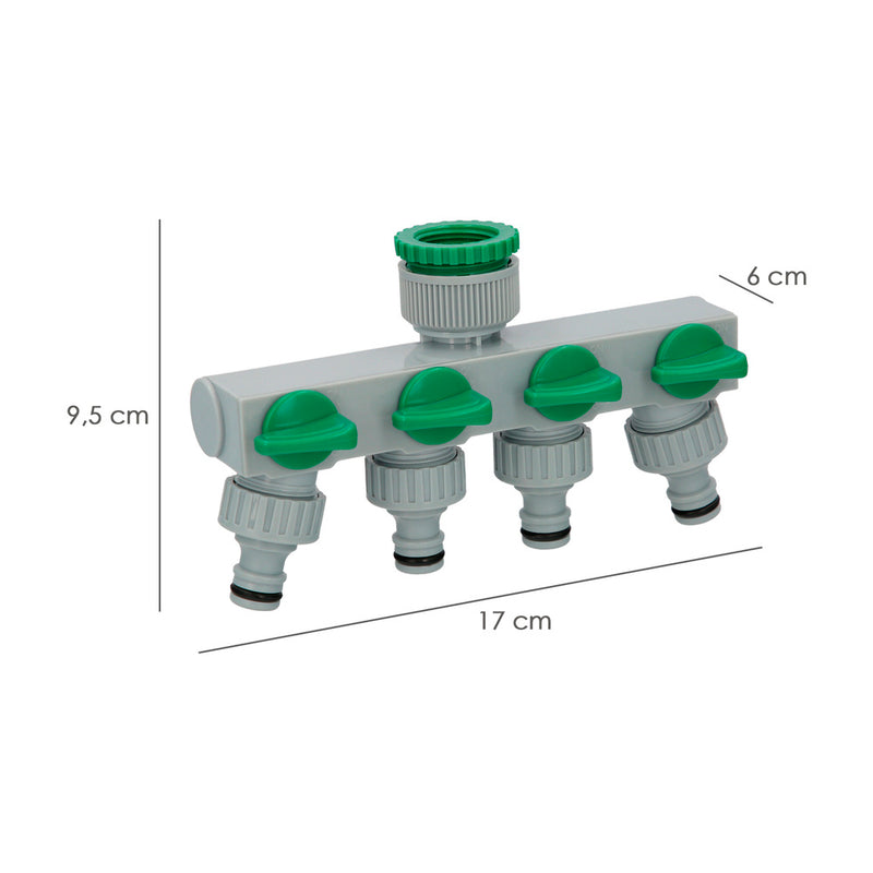 Adaptador manguera plástico 3/4" - 1"  4 vias, distribuidor 4 vias, divisor manguera, ajuste independiente, tomas 1/2+adaptador
