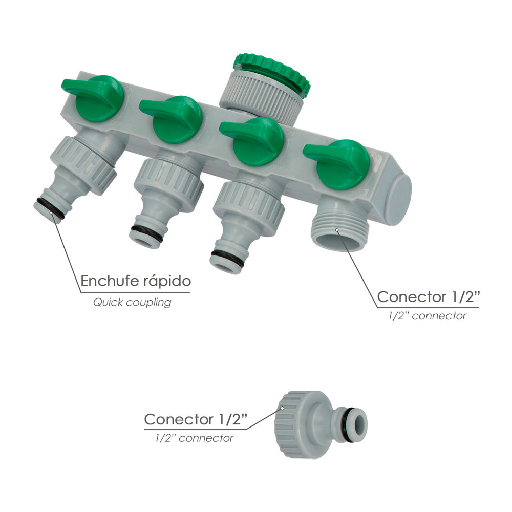 3/4" - 1" 4-way Plastic Hose Adapter, 4-way manifold, hose splitter, independent adjustment, 1/2 outlets + adapter