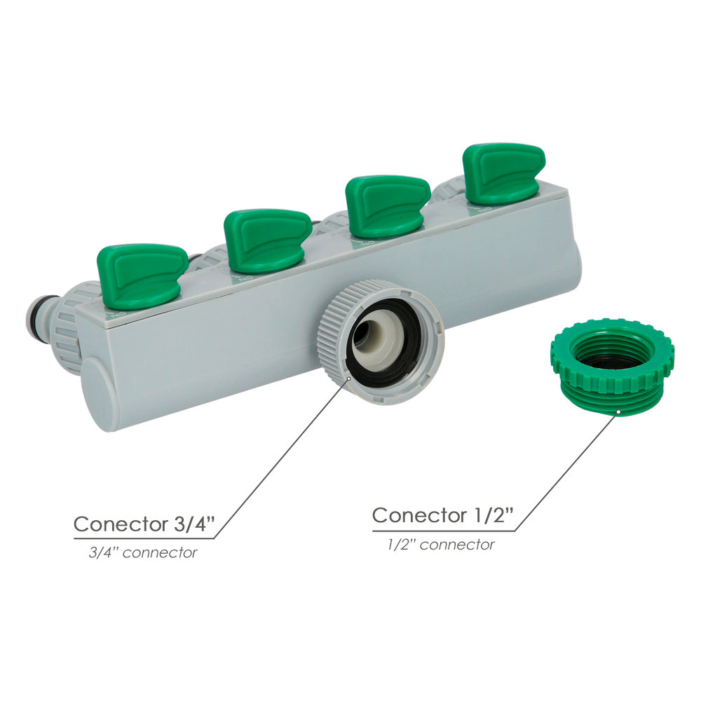 3/4" - 1" 4-way Plastic Hose Adapter, 4-way manifold, hose splitter, independent adjustment, 1/2 outlets + adapter