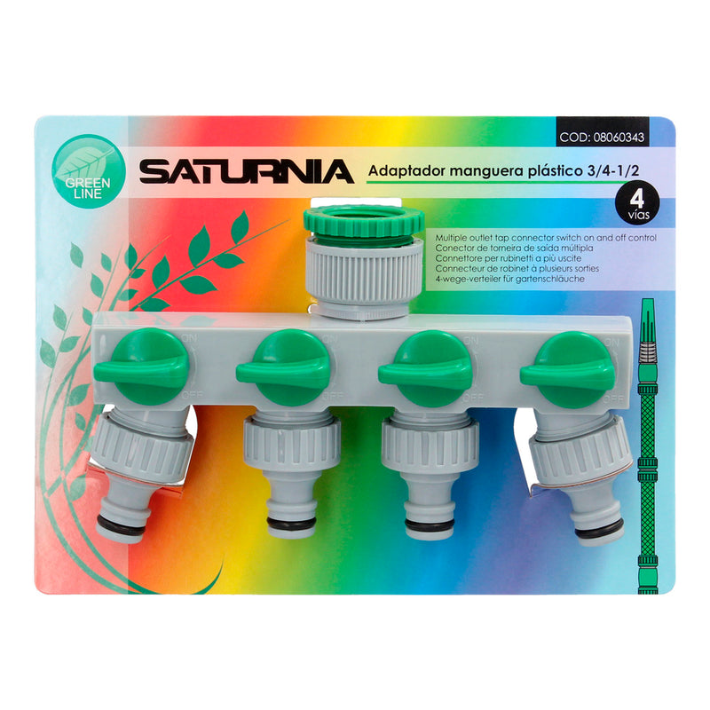 Adaptador manguera plástico 3/4" - 1"  4 vias, distribuidor 4 vias, divisor manguera, ajuste independiente, tomas 1/2+adaptador
