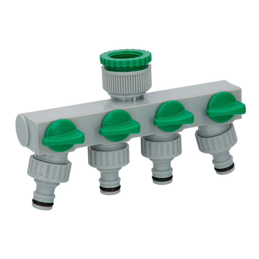 3/4" - 1" 4-way Plastic Hose Adapter, 4-way manifold, hose splitter, independent adjustment, 1/2 outlets + adapter