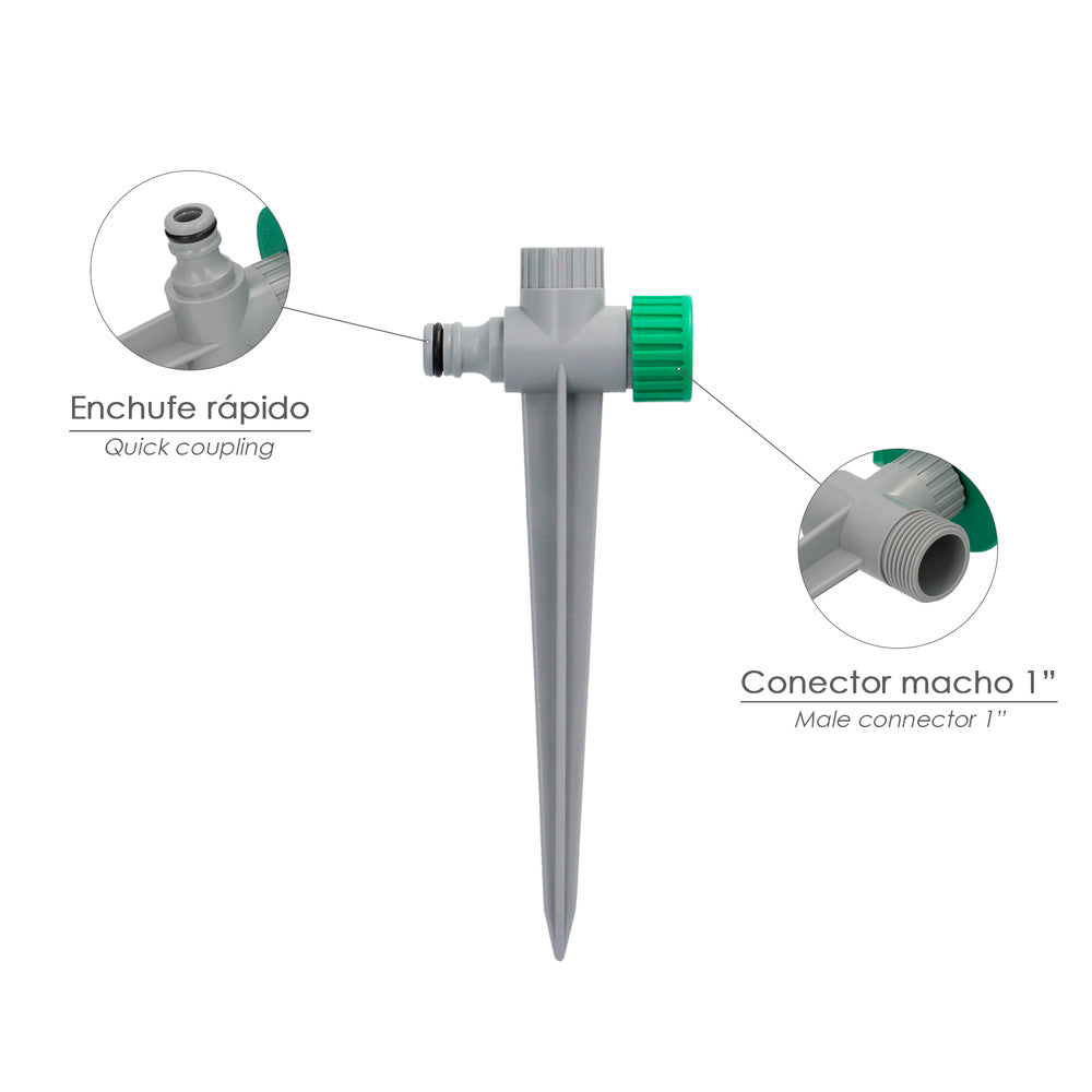 Aspersor plástico 3 brazos con pincho con regulador de presión.