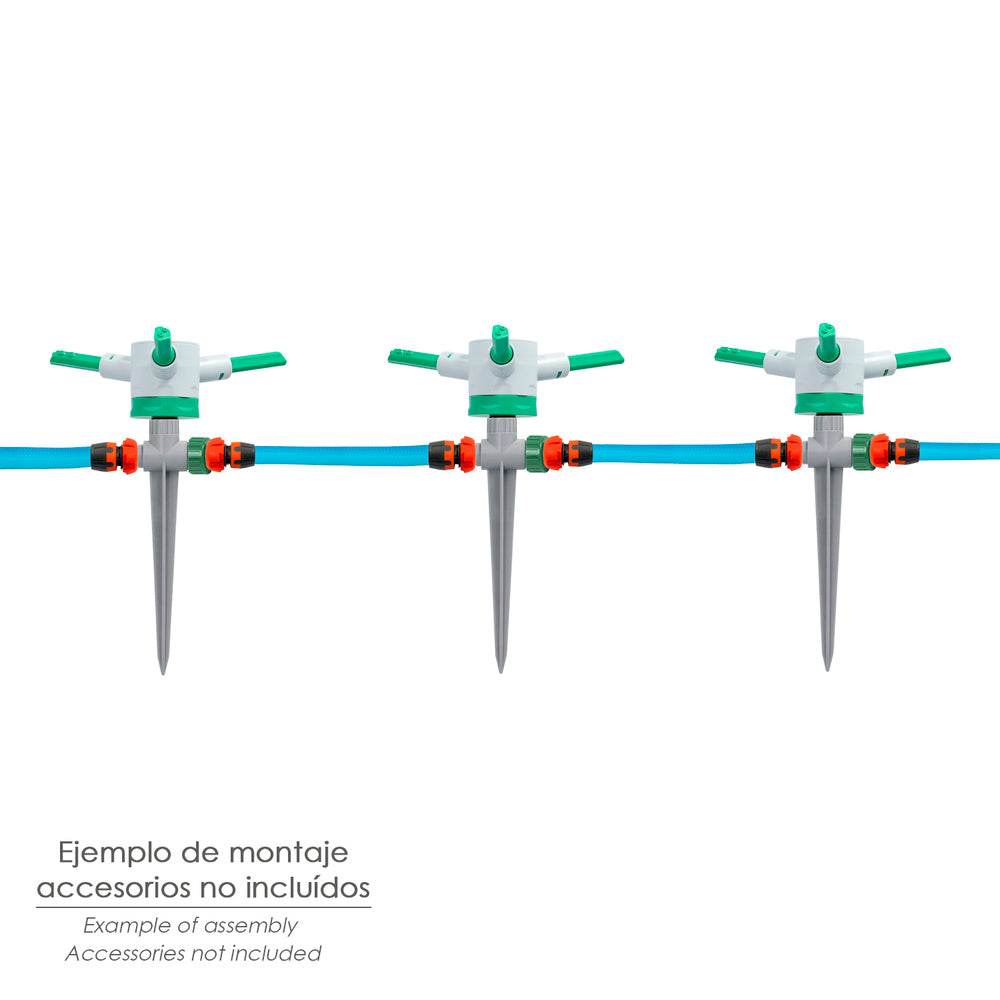 Aspersor plástico 3 brazos con pincho con regulador de presión.