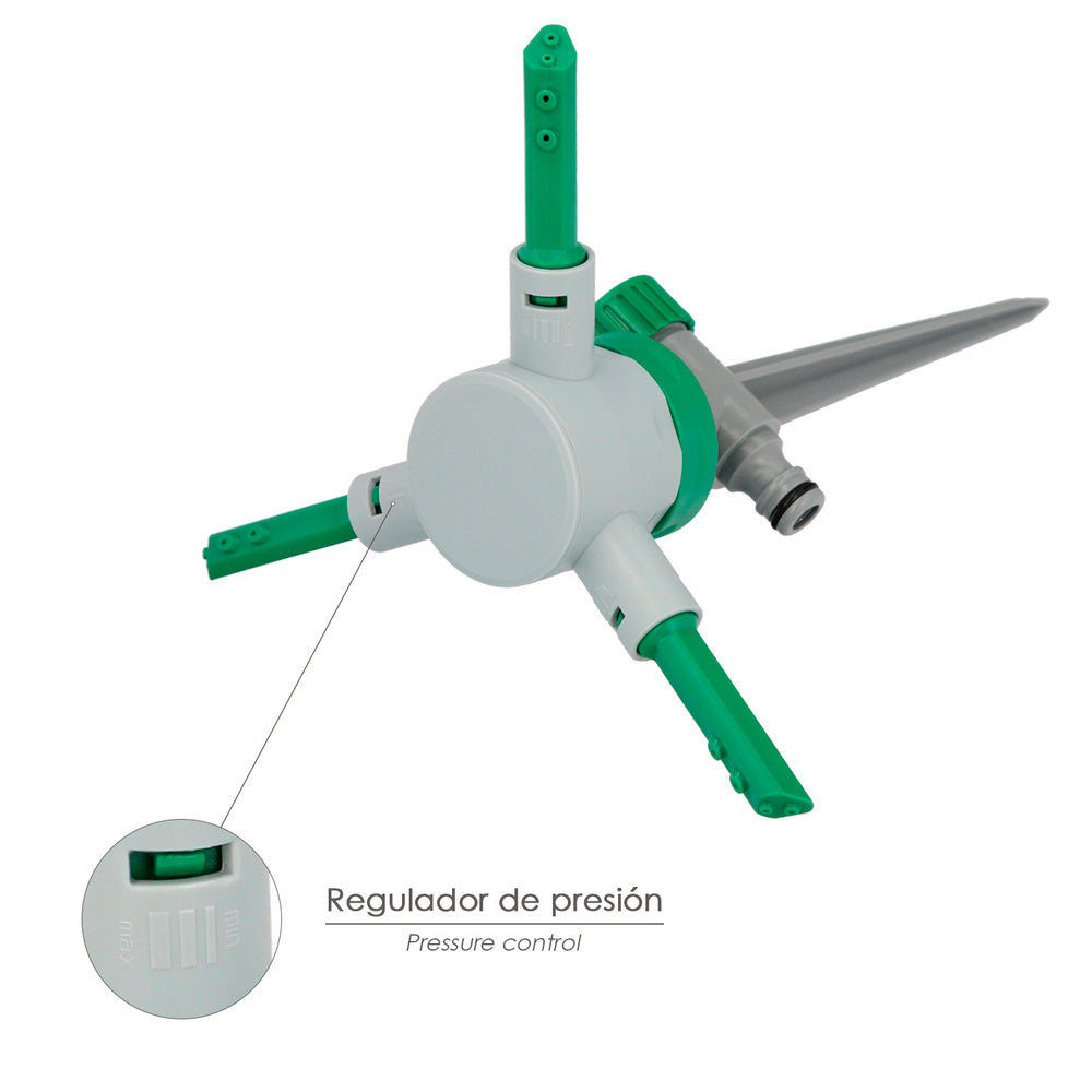 Aspersor plástico 3 brazos con pincho con regulador de presión.