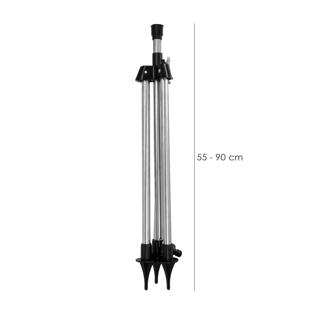 Trípode para aspersores altura regulable 55/90 cm tomas agua 1/2". Acero cromado. Trípode aspersores jardinería