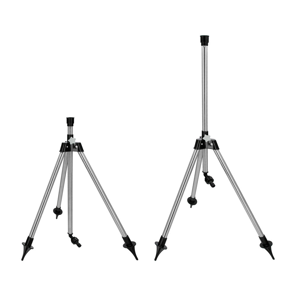 Trípode para aspersores altura regulable 55/90 cm tomas agua 1/2". Acero cromado. Trípode aspersores jardinería