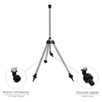 Trípode para aspersores altura regulable 55/90 cm tomas agua 1/2". Acero cromado. Trípode aspersores jardinería