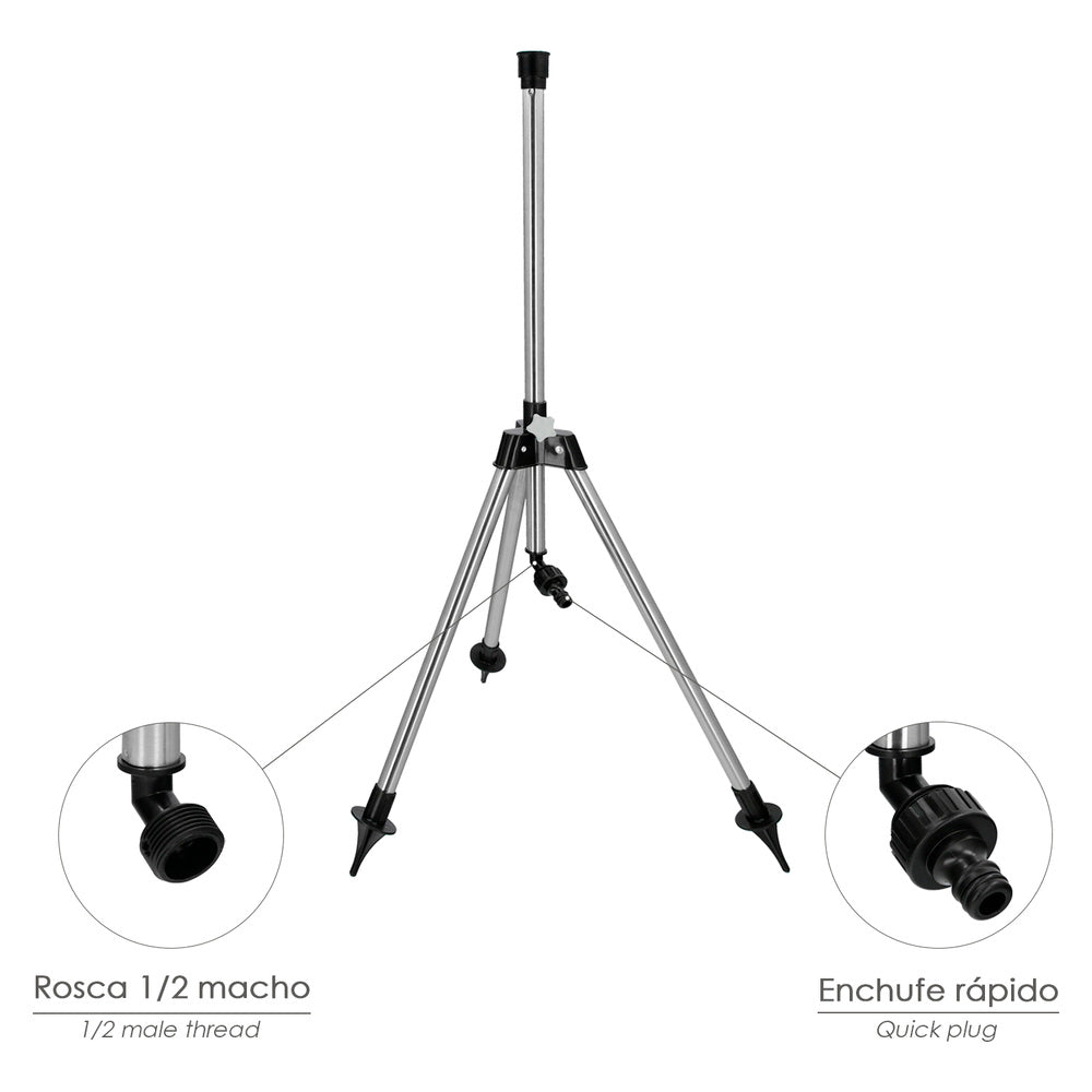 Trípode para aspersores altura regulable 55/90 cm tomas agua 1/2". Acero cromado. Trípode aspersores jardinería