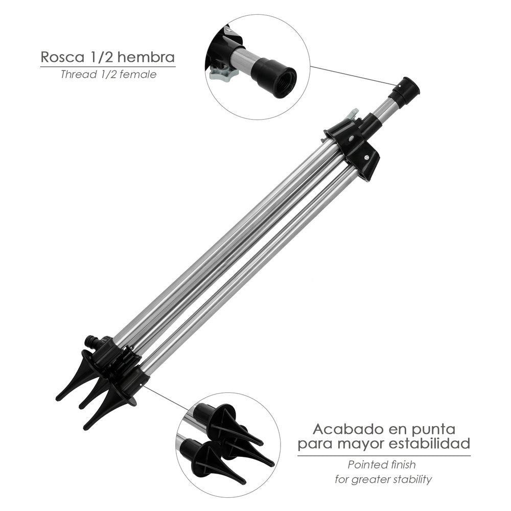 Trípode para aspersores altura regulable 55/90 cm tomas agua 1/2". Acero cromado. Trípode aspersores jardinería