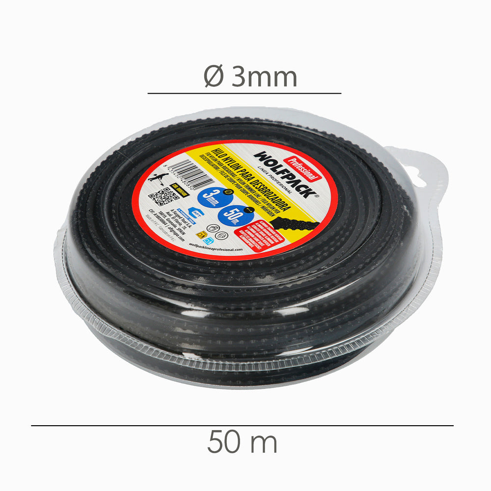 Hilo nylon desbrozadoras cuadrado dentado profesional ø 3,0 mm. Rollo 50 metros. Hilo nylon corte desbrozadores hierba,
