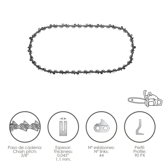 Cadena motosierra 3/8" / 0.043" 1,1 mm. / 44 eslabones / 90 PX