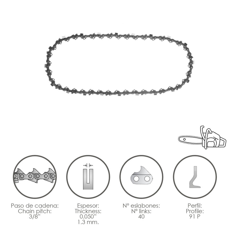 Cadena motosierra 3/8" / 0.050" 1,3 mm. / 40 eslabones / 91 p
