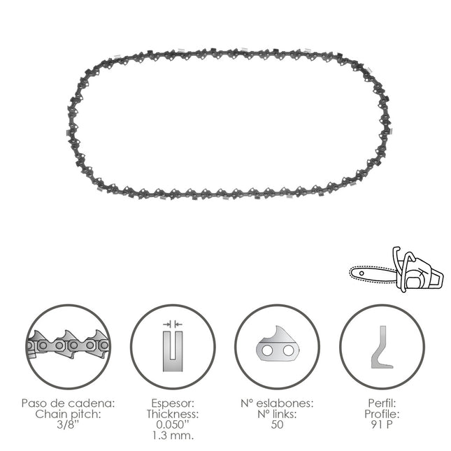 Cadena motosierra 3/8" / 0.050" 1,3 mm. / 50 eslabones / 91 p