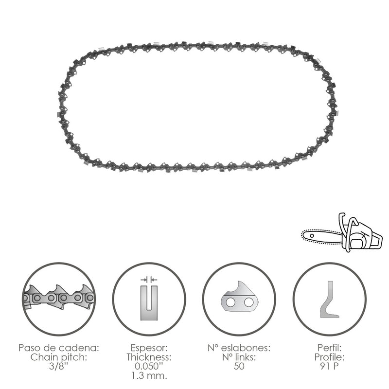 Cadena motosierra 3/8" / 0.050" 1,3 mm. / 50 eslabones / 91 p