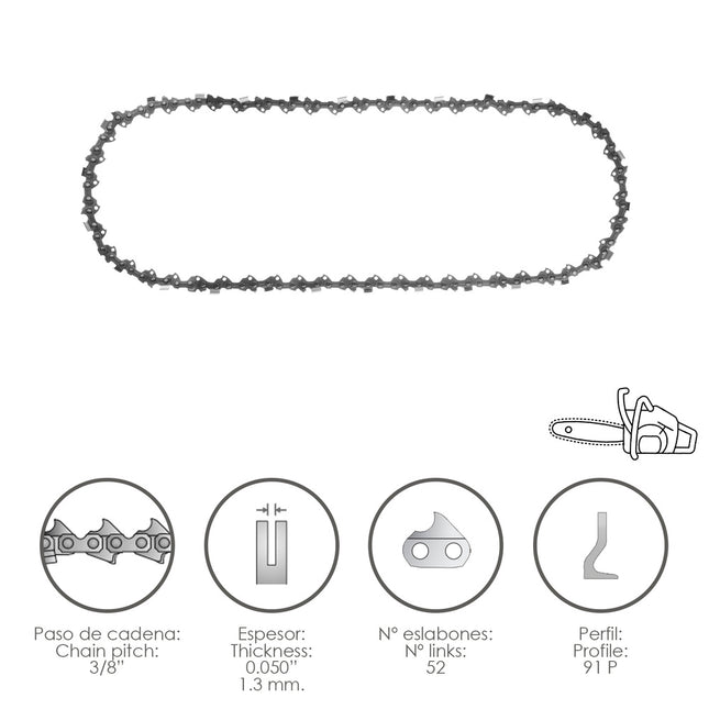 Cadena motosierra 3/8" / 0.050" 1,3 mm. / 52 eslabones / 91 p