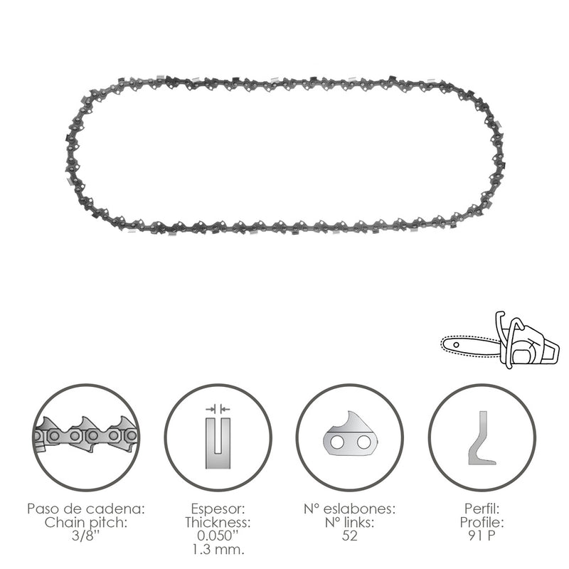Cadena motosierra 3/8" / 0.050" 1,3 mm. / 52 eslabones / 91 p