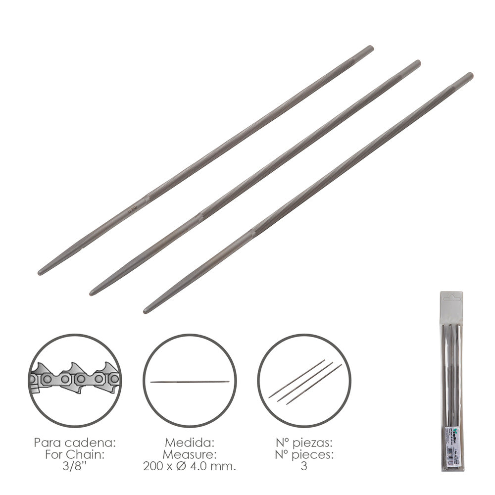 Limas cadena motosierra 200 x ø 4.0 mm 3/8" lp (pack 3 piezas)