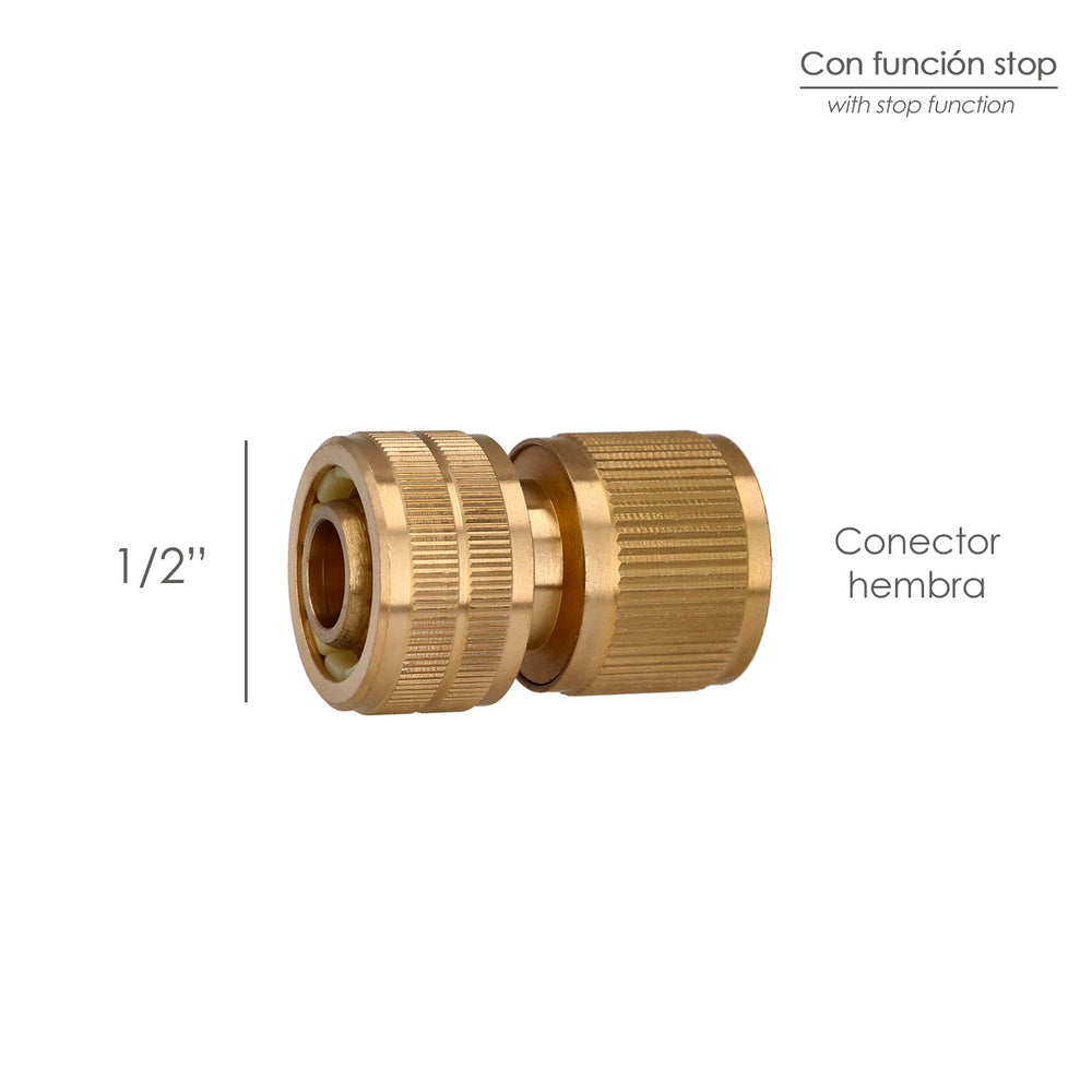 Conector manguera con función stop fabricado en latón  1/2" hembra, adaptador grifo, conector grifo a conector rapido