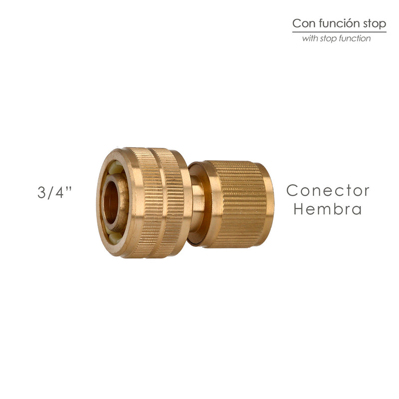 Conector manguera con función STOP fabricado en laton  3/4" hembra, adaptador grifo, conector grifo a conector rápido