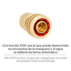 Conector manguera con función stop fabricado en latón  3/4" hembra, adaptador grifo, conector grifo a conector rapido