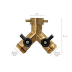 Brass hose adapter with two 3/4" male outlets, faucet splitter, 2-way adapter, 3/4" female inlet