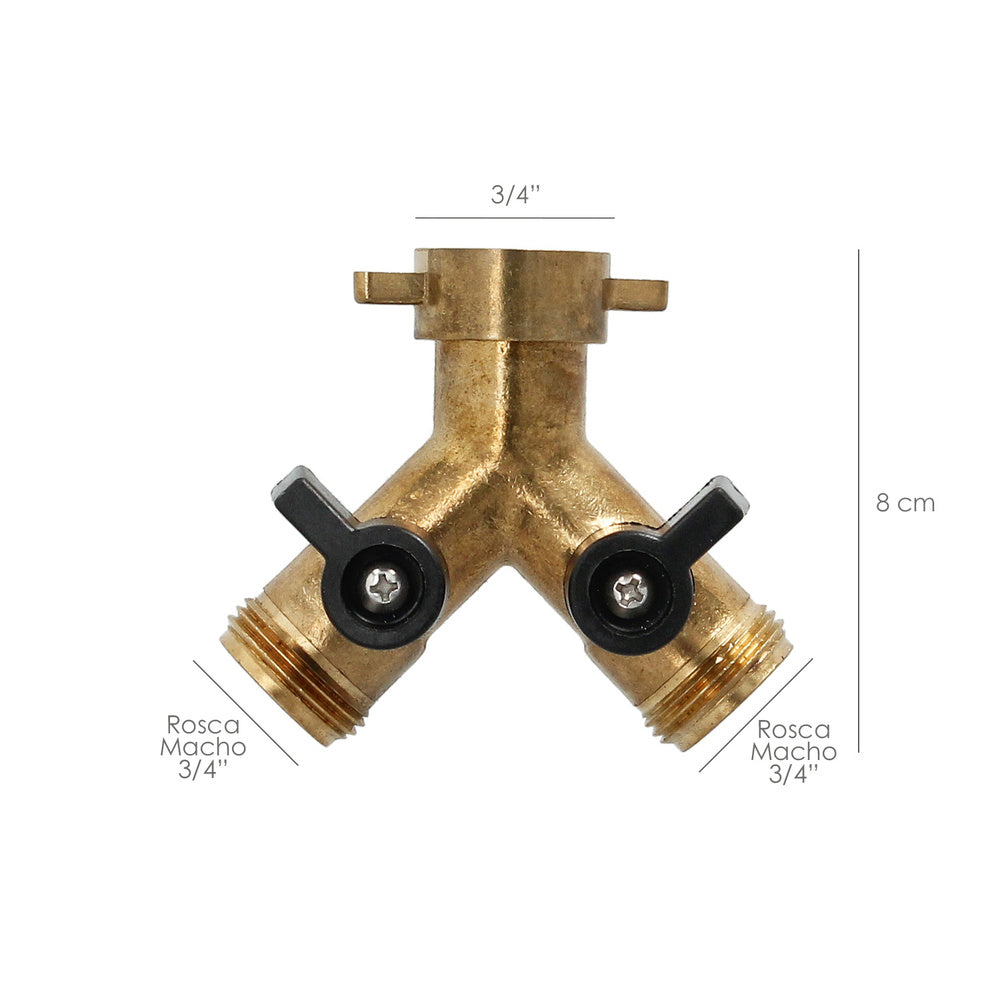 Brass hose adapter with two 3/4" male outlets, faucet splitter, 2-way adapter, 3/4" female inlet