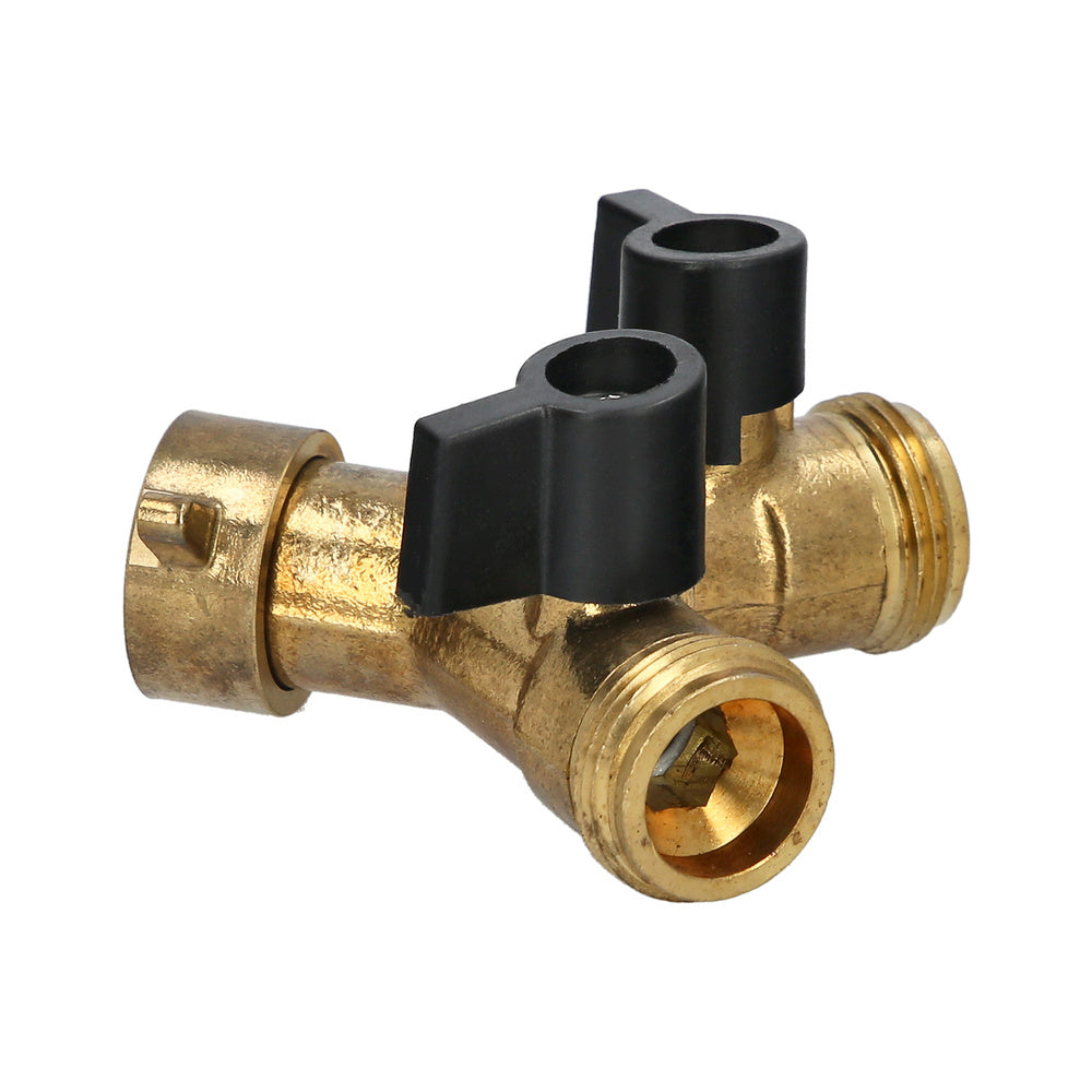 Brass hose adapter with two 3/4" male outlets, faucet splitter, 2-way adapter, 3/4" female inlet