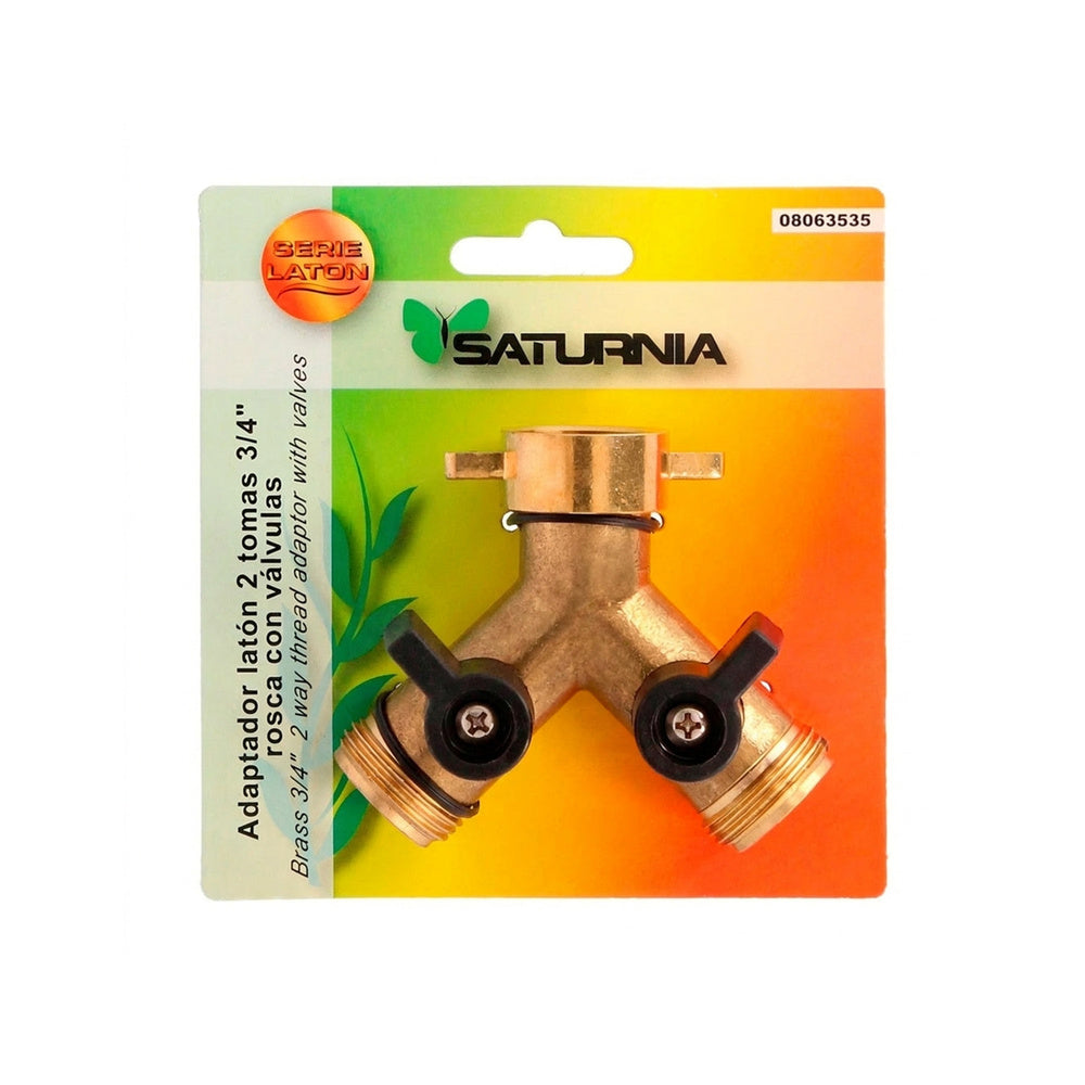 Brass hose adapter with two 3/4" male outlets, faucet splitter, 2-way adapter, 3/4" female inlet