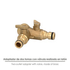 Adaptador de mangueira em latão com 2 saídas para torneira de 3/4".