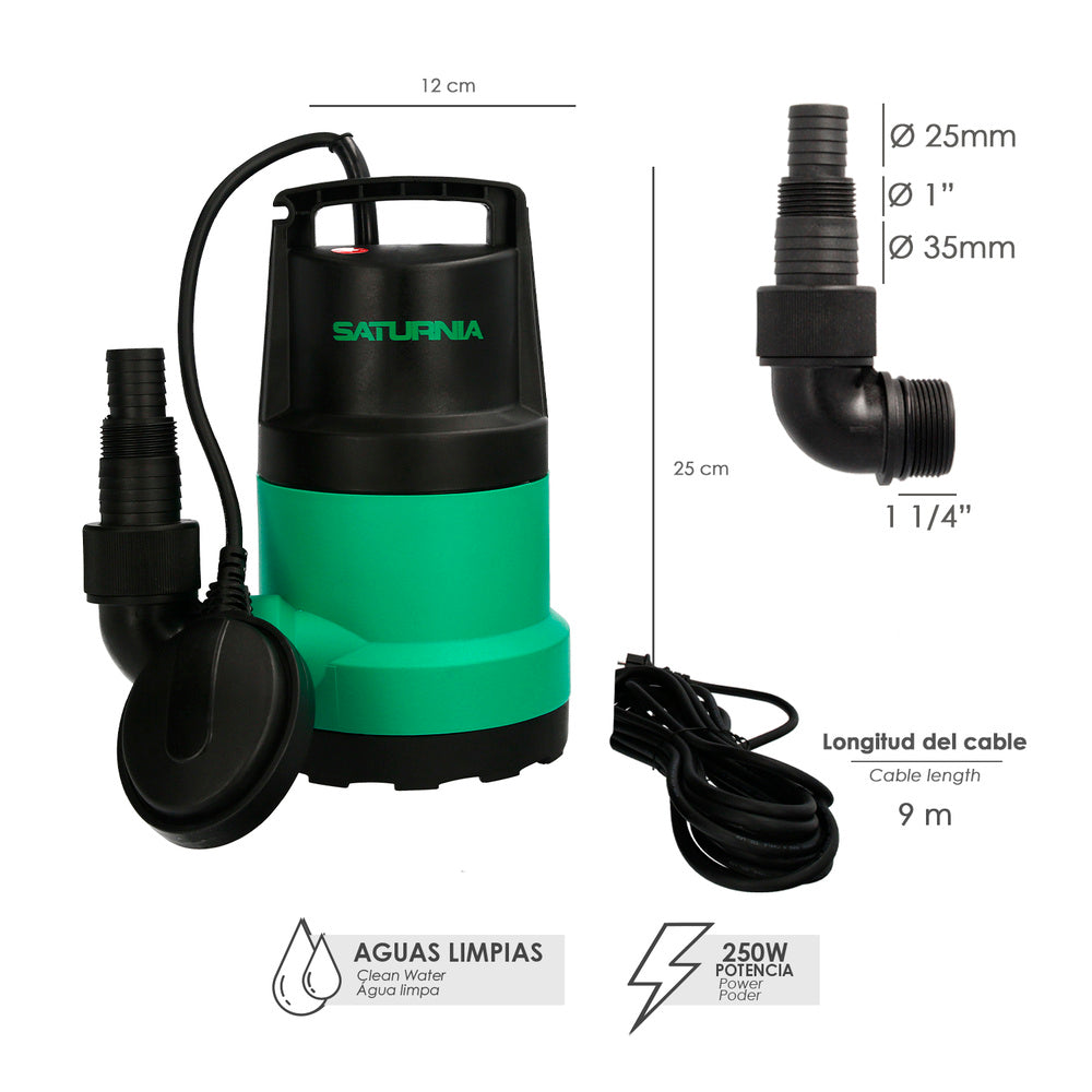 Bomba aguas limpias sumergible 250 watt. 5.500 lts/hora, profundidad 5 m, elevación 4,5 m. Partículas max. Ø 2-3 mm