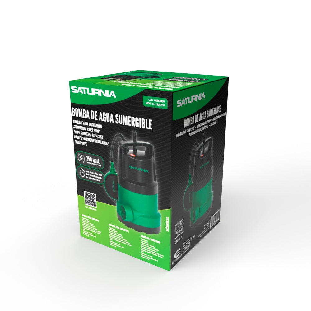 Bomba aguas limpias sumergible 250 watt. 5.500 lts/hora, profundidad 5 m, elevación 4,5 m. Partículas max. Ø 2-3 mm