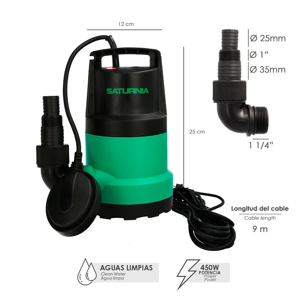 Bomba aguas limpias sumergible 450w. 8.000 lts/hora, profundidad 5 m, elevación 5,5 m.