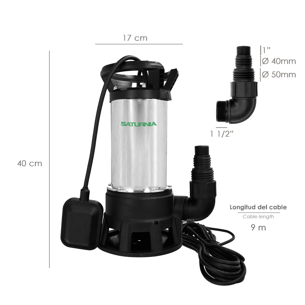 Bomba aguas sucias sumergible inoxidable 1.300 w. 25.000 lts/hora, profundidad 7 m, elevación 11 m partículas max. Ø 38 mm