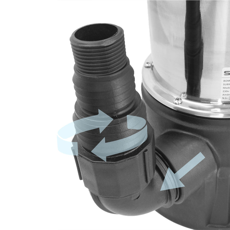 Bomba aguas sucias sumergible inoxidable 1.300 w. 25.000 lts/hora, profundidad 7 mts, elevación 11 mts. particulas max. ø 38 mm