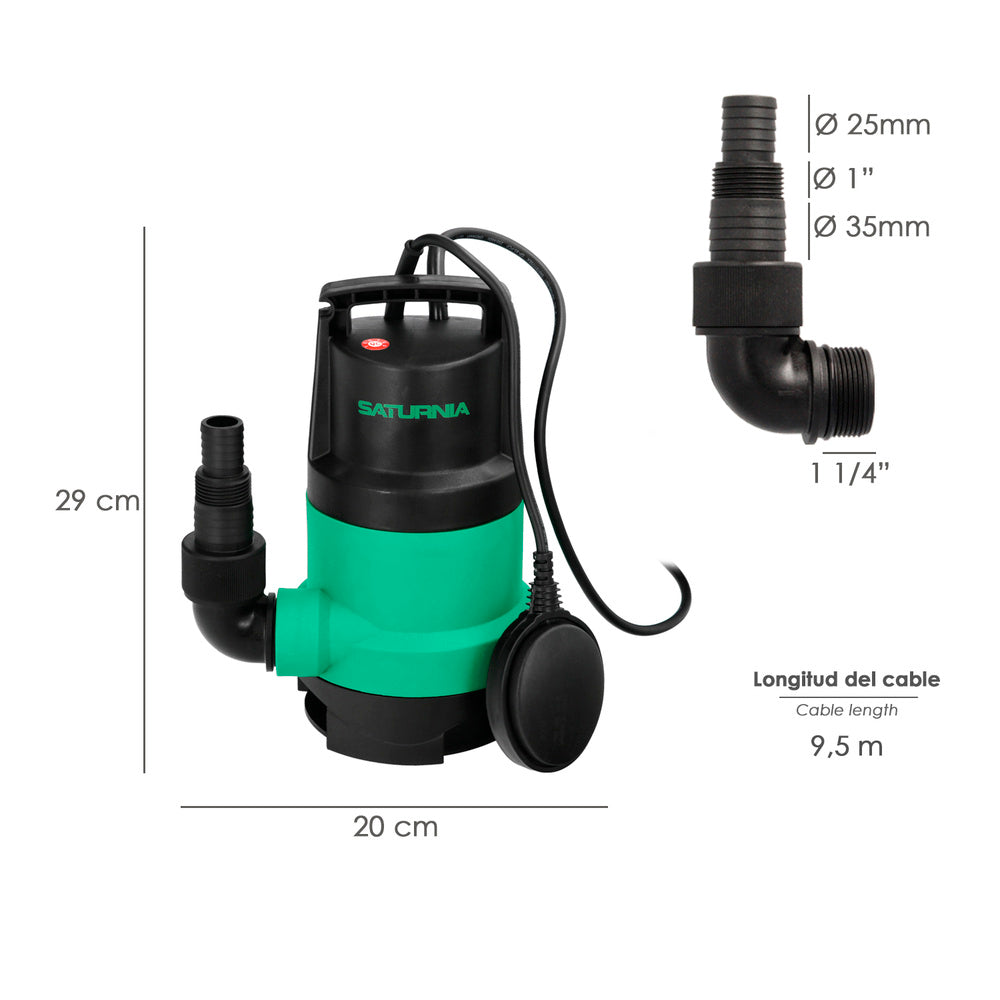 Bomba aguas sucias sumergible 450 w. 8.000 lts/hora, profundidad 5  m, elevación 5,5 m Partículas max. Ø 30 mm