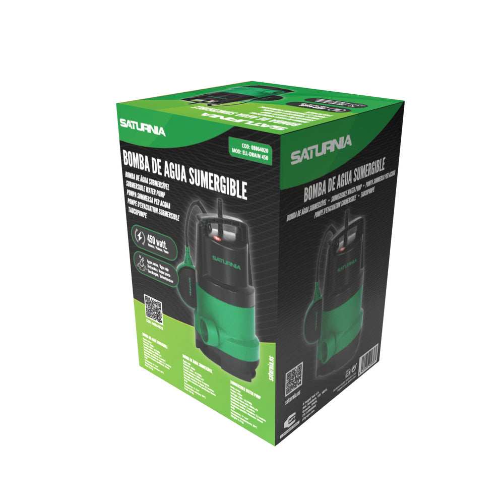 Bomba aguas sucias sumergible 450 w. 8.000 lts/hora, profundidad 5  m, elevación 5,5 m Partículas max. Ø 30 mm