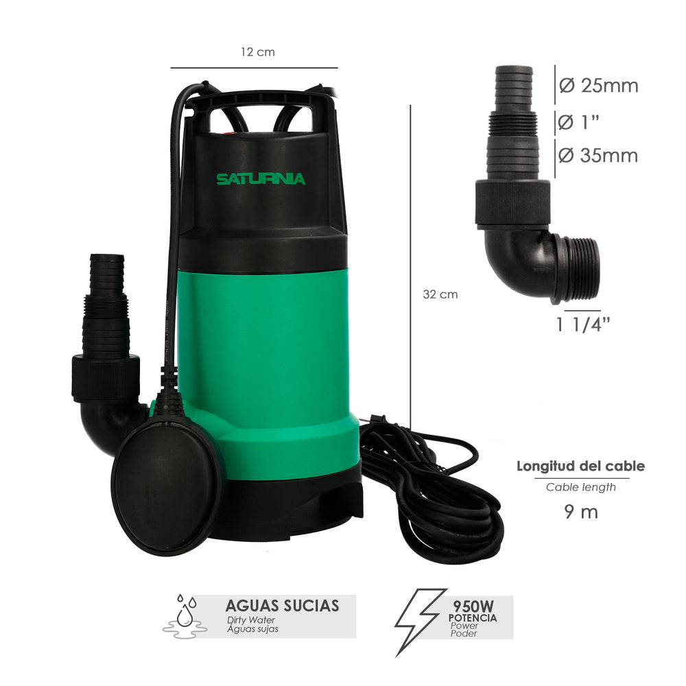 Bomba aguas sucias sumergible 950 w. 14.000 lts/hora, profundidad 7 m, elevación 10 m. Partículas max. Ø 30 mm