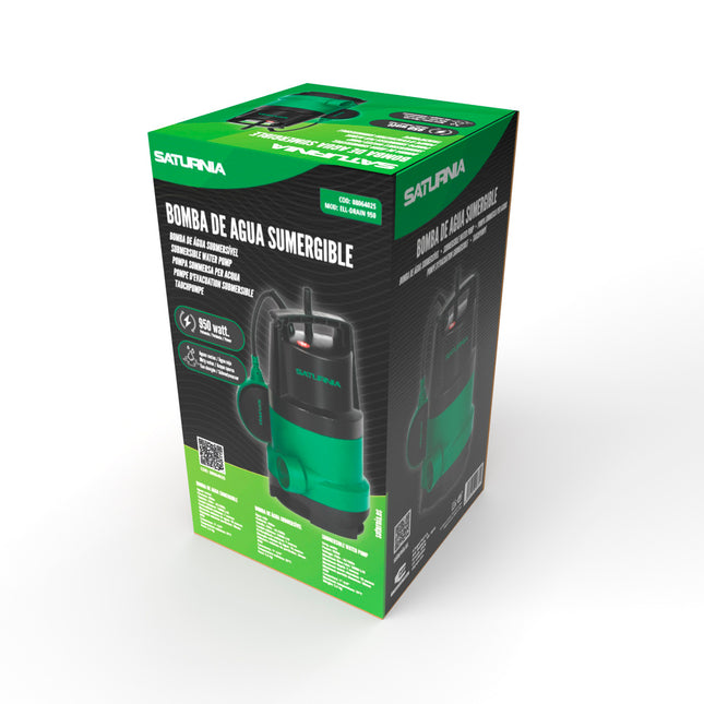 Bomba aguas sucias sumergible 950 w. 14.000 lts/hora, profundidad 7 mts, elevación 10 mts. particulas max. ø 30 mm