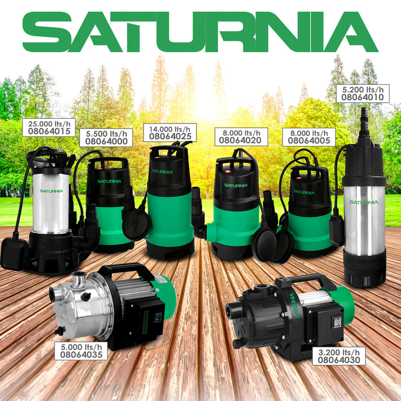 Bomba aguas sucias sumergible 950 w. 14.000 lts/hora, profundidad 7 mts, elevación 10 mts. particulas max. ø 30 mm