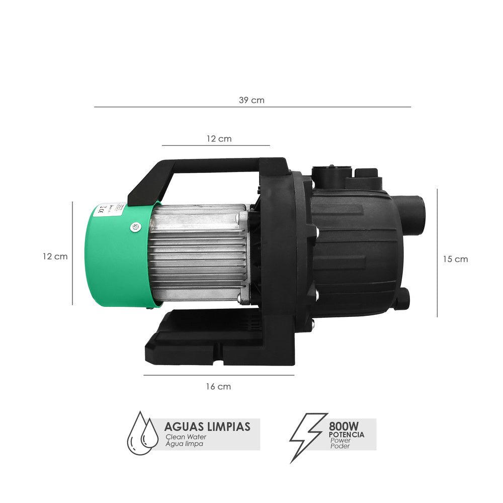 Bomba aguas limpias superficie 800 w. 3.200 lts/hora, profundidad 8 m, elevación 40 m presión max: 4,0 bares